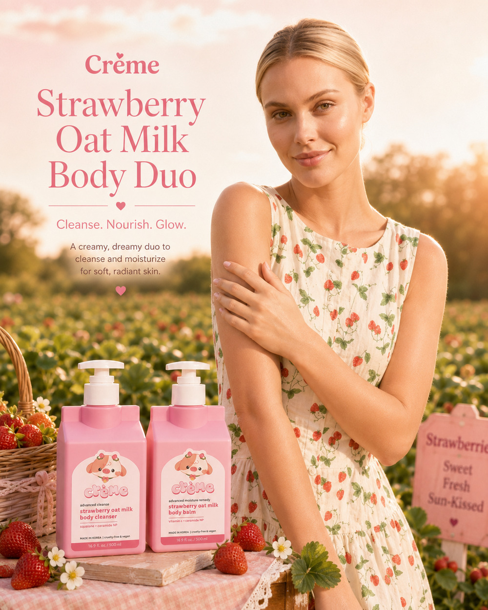 The Crème Shop Strawberry Oat Milk Body Cleanser & Balm Duo 16.9 oz New